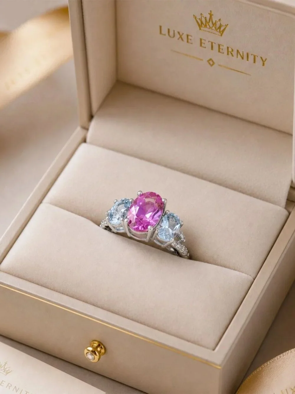 Genuine 1.56 Ct Pink Sapphire, Aquamarine & Diamond Ring Solid 10k White Gold